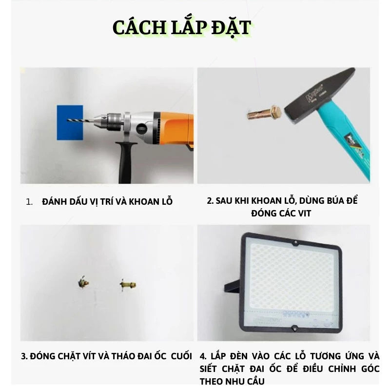 Đèn chiếu sáng năng lượng mặt trời công suất cực cao mới với điều khiển từ xa đa chức năng và bộ công cụ đầy đủ